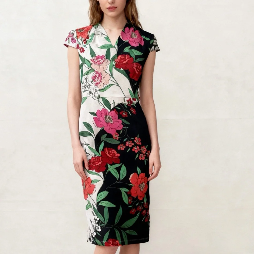 Floral Contrast Midi Dress - Picture 1 of 5